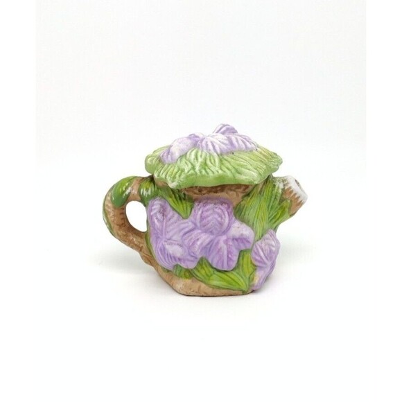 Mini Floral Teapot Purple Green Garden Ceramic With Lid Vintage - Picture 3 of 8